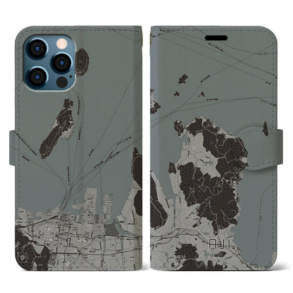 【庵治（香川県）】地図柄iPhoneケース（手帳タイプ）モノトーン・iPhone 12 / 12 Pro 用