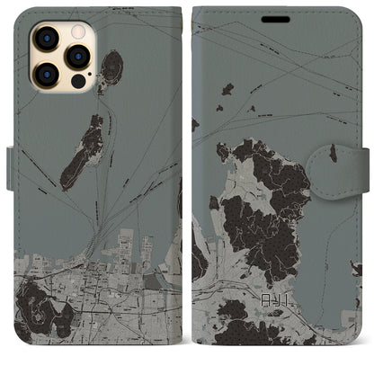 【庵治（香川県）】地図柄iPhoneケース（手帳タイプ）モノトーン・iPhone 12 Pro Max 用