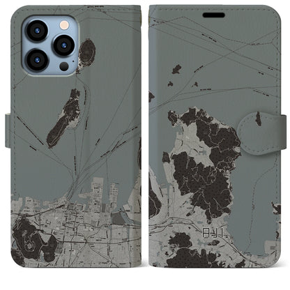 【庵治（香川県）】地図柄iPhoneケース（手帳タイプ）モノトーン・iPhone 13 Pro Max 用