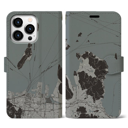 【庵治（香川県）】地図柄iPhoneケース（手帳タイプ）モノトーン・iPhone 13 Pro 用