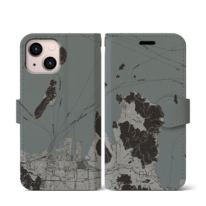 【庵治（香川県）】地図柄iPhoneケース（手帳タイプ）モノトーン・iPhone 13 mini 用