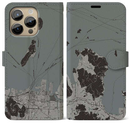 【庵治（香川県）】地図柄iPhoneケース（手帳タイプ）モノトーン・iPhone 14 Pro Max 用