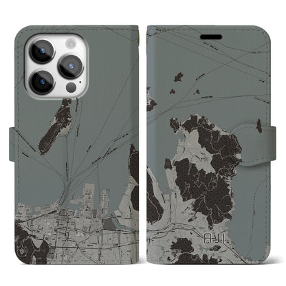 【庵治（香川県）】地図柄iPhoneケース（手帳タイプ）モノトーン・iPhone 14 Pro 用