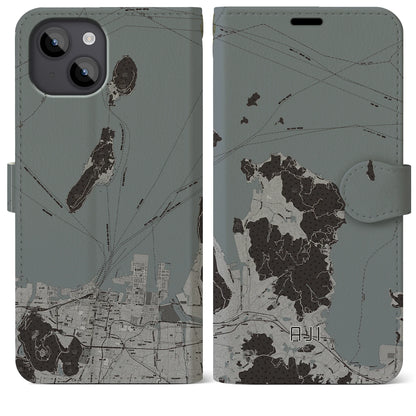 【庵治（香川県）】地図柄iPhoneケース（手帳タイプ）モノトーン・iPhone 14 Plus 用