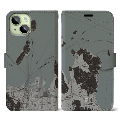 【庵治（香川県）】地図柄iPhoneケース（手帳タイプ）モノトーン・iPhone 15 用