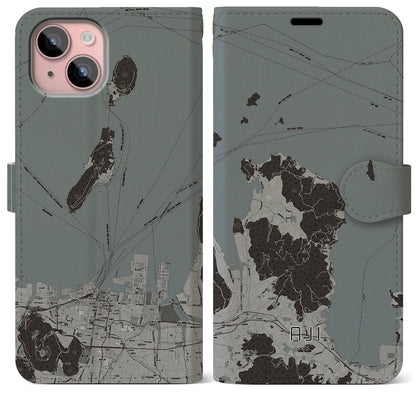 【庵治（香川県）】地図柄iPhoneケース（手帳タイプ）モノトーン・iPhone 15 Plus 用