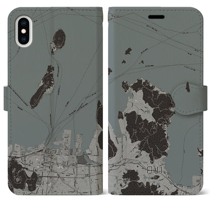 【庵治（香川県）】地図柄iPhoneケース（手帳タイプ）モノトーン・iPhone XS Max 用