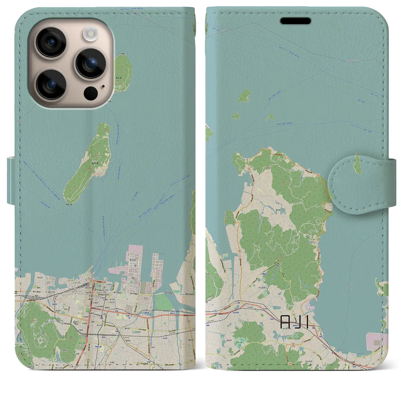 【庵治（香川県）】地図柄iPhoneケース（手帳タイプ）ナチュラル・iPhone 16 Plus 用