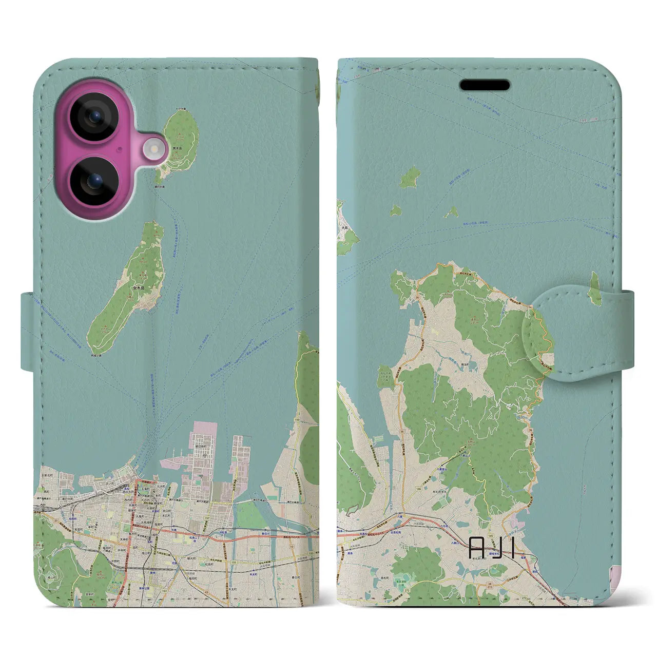 【庵治（香川県）】地図柄iPhoneケース（手帳タイプ）ナチュラル・iPhone 16 Pro 用