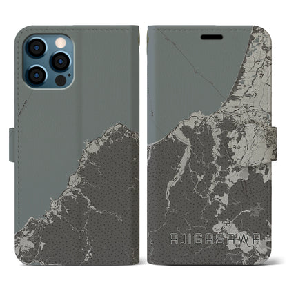 【鰺ヶ沢（青森県）】地図柄iPhoneケース（手帳タイプ）モノトーン・iPhone 12 / 12 Pro 用