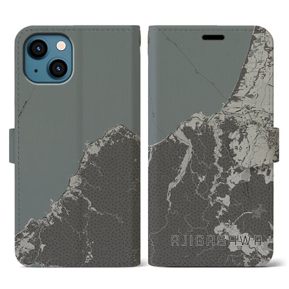 【鰺ヶ沢（青森県）】地図柄iPhoneケース（手帳タイプ）モノトーン・iPhone 13 用