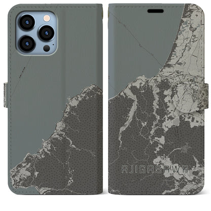 【鰺ヶ沢（青森県）】地図柄iPhoneケース（手帳タイプ）モノトーン・iPhone 13 Pro Max 用