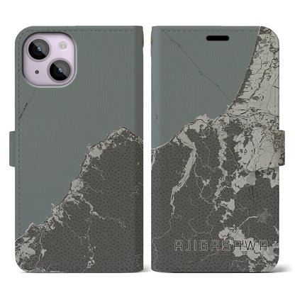 【鰺ヶ沢（青森県）】地図柄iPhoneケース（手帳タイプ）モノトーン・iPhone 14 用