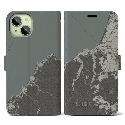 【鰺ヶ沢（青森県）】地図柄iPhoneケース（手帳タイプ）モノトーン・iPhone 15 用