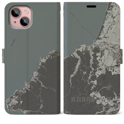 【鰺ヶ沢（青森県）】地図柄iPhoneケース（手帳タイプ）モノトーン・iPhone 15 Plus 用