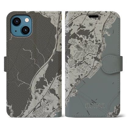 【阿品（広島県）】地図柄iPhoneケース（手帳タイプ）モノトーン・iPhone 13 用