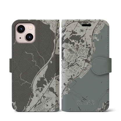 【阿品（広島県）】地図柄iPhoneケース（手帳タイプ）モノトーン・iPhone 13 mini 用