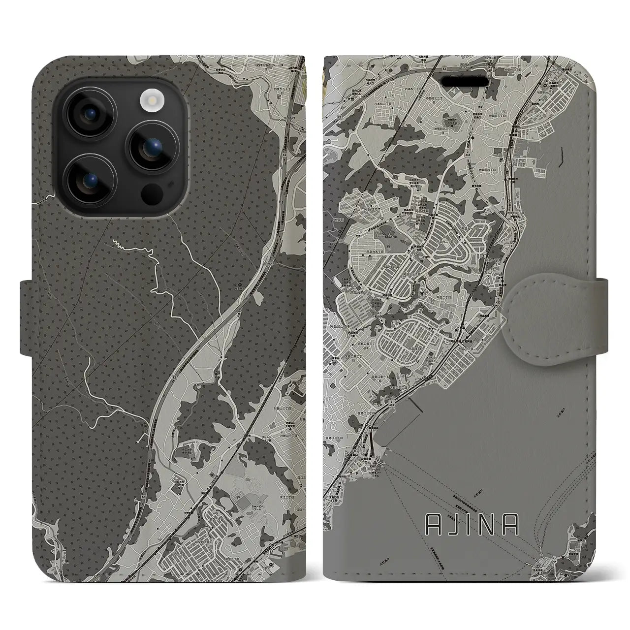 【阿品（広島県）】地図柄iPhoneケース（手帳タイプ）モノトーン・iPhone 16 用