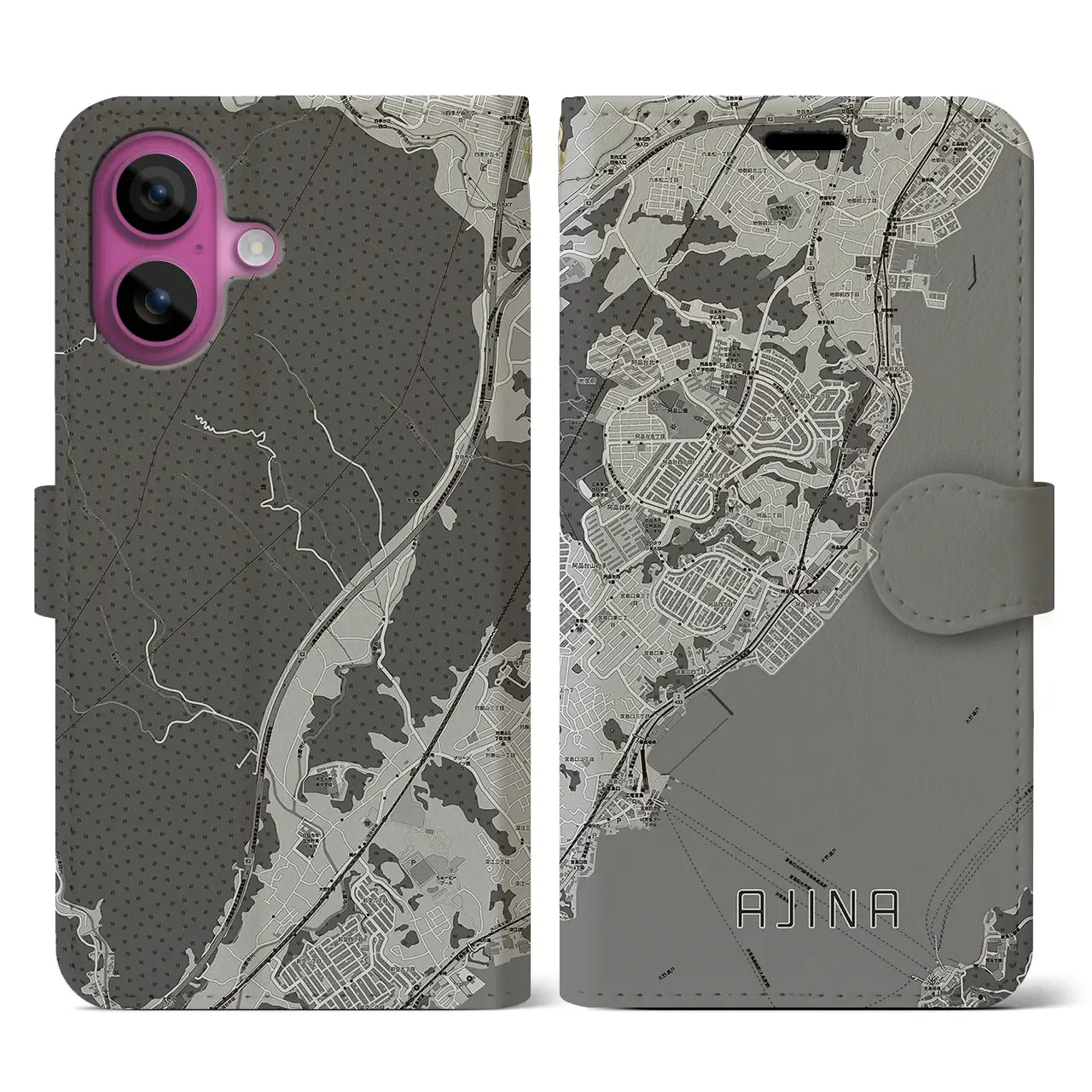 【阿品（広島県）】地図柄iPhoneケース（手帳タイプ）モノトーン・iPhone 16 Pro 用