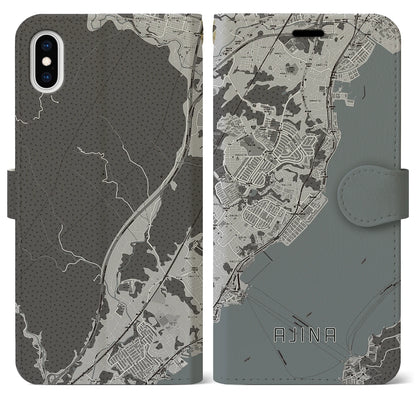 【阿品（広島県）】地図柄iPhoneケース（手帳タイプ）モノトーン・iPhone XS Max 用