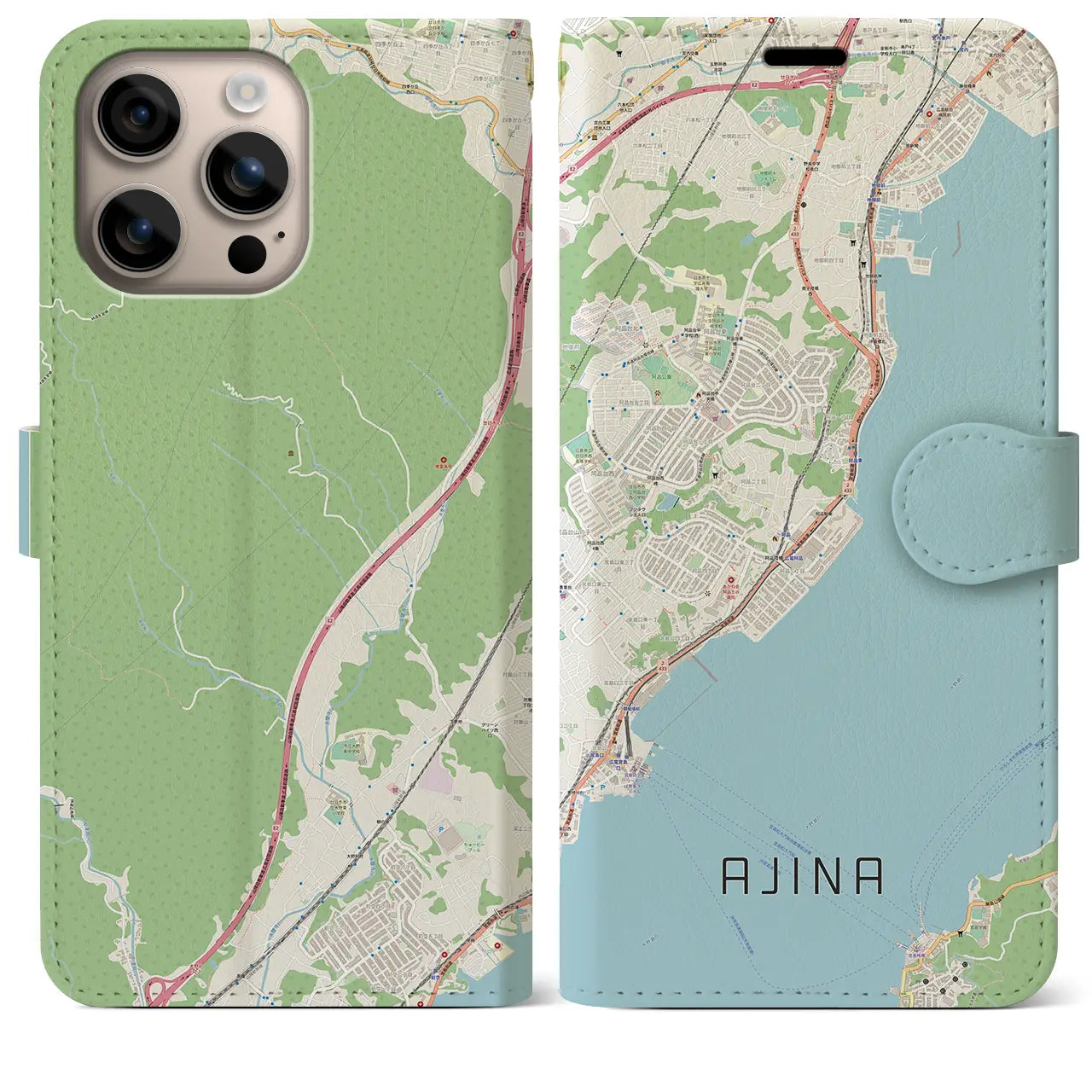 【阿品（広島県）】地図柄iPhoneケース（手帳タイプ）ナチュラル・iPhone 16 Plus 用