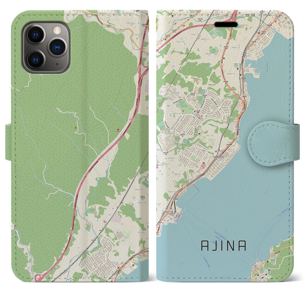 【阿品（広島県）】地図柄iPhoneケース（手帳タイプ）
