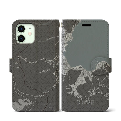 【網代（静岡県）】地図柄iPhoneケース（手帳タイプ）モノトーン・iPhone 12 mini 用