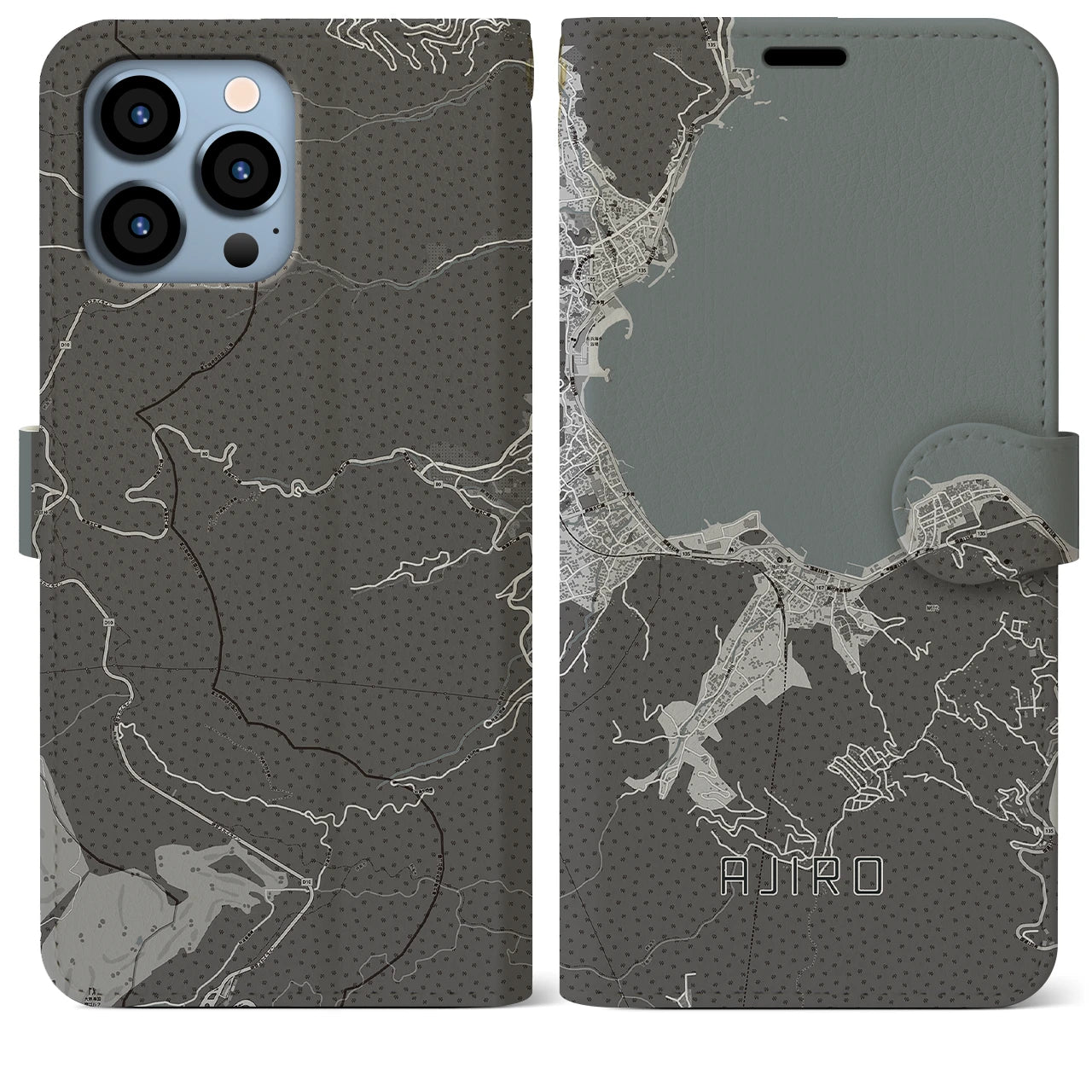 【網代】地図柄iPhoneケース（手帳両面タイプ・モノトーン）iPhone 13 Pro Max 用