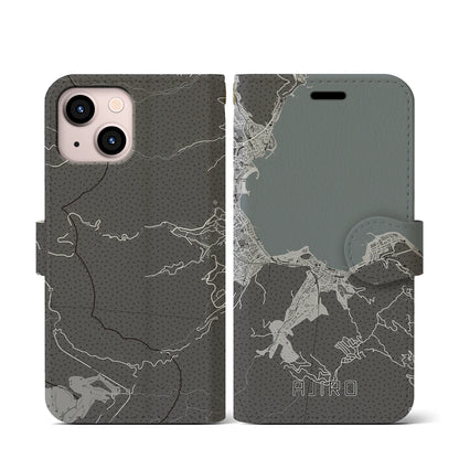 【網代（静岡県）】地図柄iPhoneケース（手帳タイプ）モノトーン・iPhone 13 mini 用