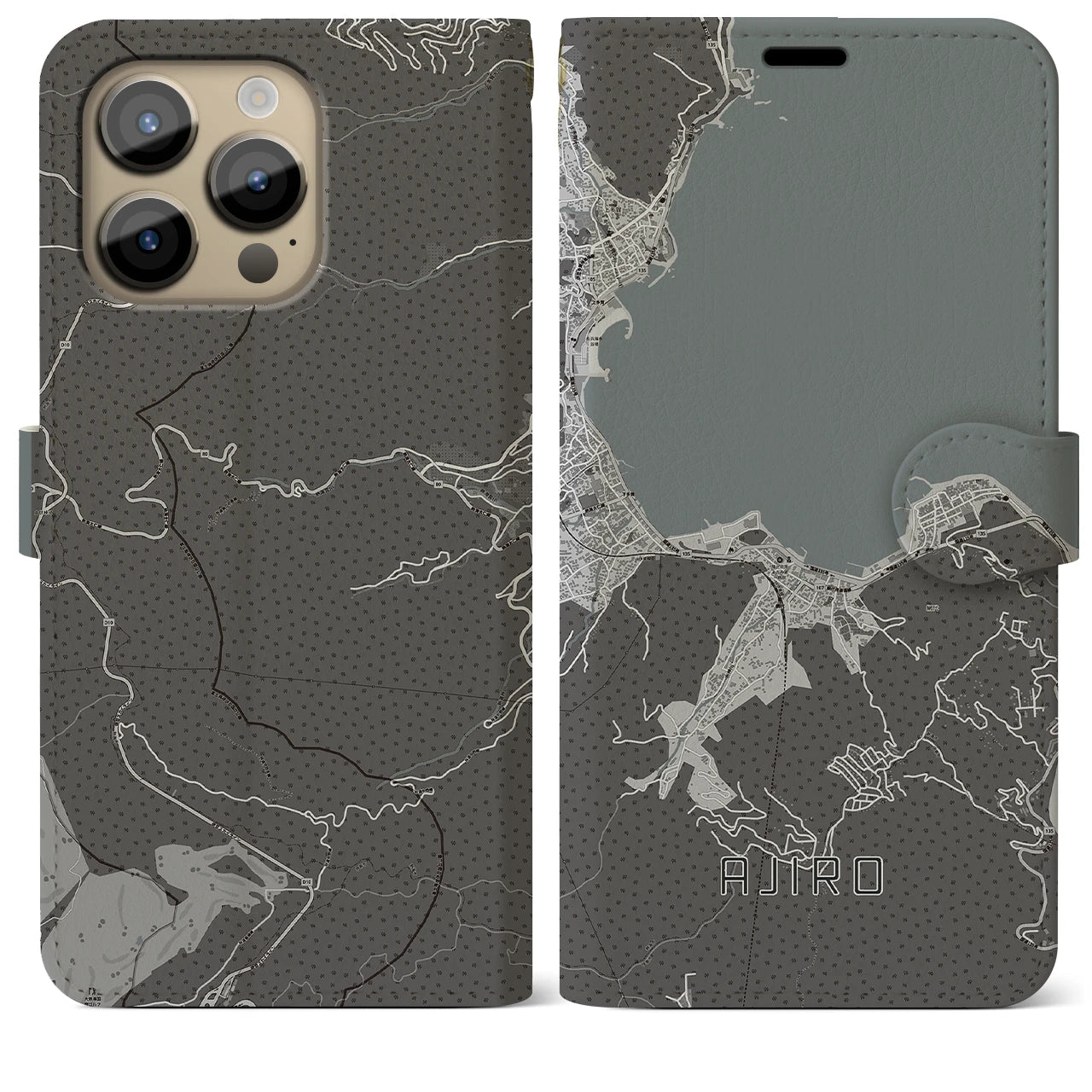 【網代】地図柄iPhoneケース（手帳両面タイプ・モノトーン）iPhone 14 Pro Max 用