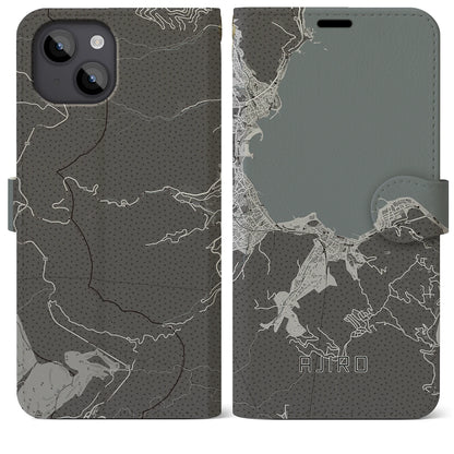 【網代（静岡県）】地図柄iPhoneケース（手帳タイプ）モノトーン・iPhone 14 Plus 用