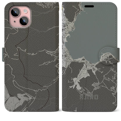 【網代（静岡県）】地図柄iPhoneケース（手帳タイプ）モノトーン・iPhone 15 Plus 用