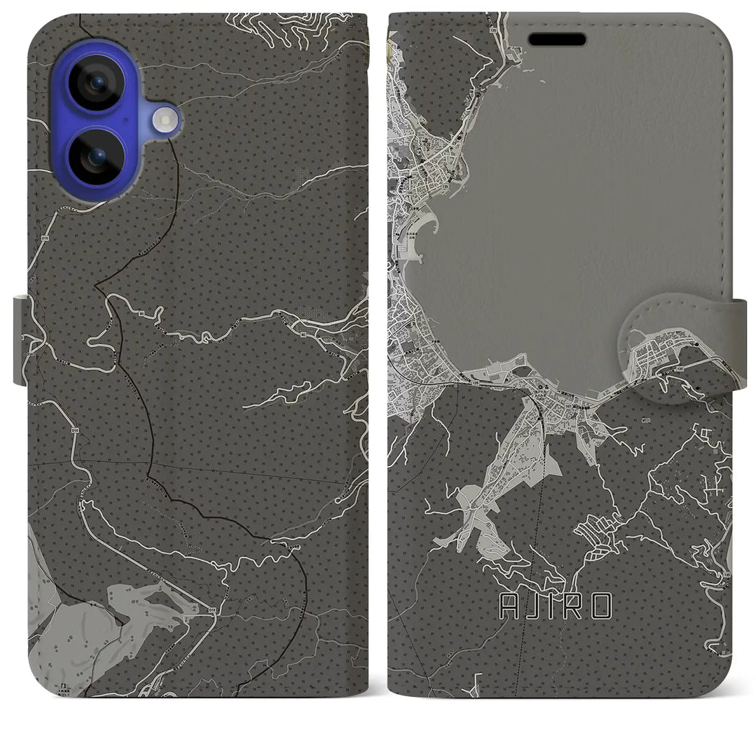 【網代(静岡県)】地図柄iPhoneケース(手帳タイプ)モノトーン・iPhone 16 Pro Max 用