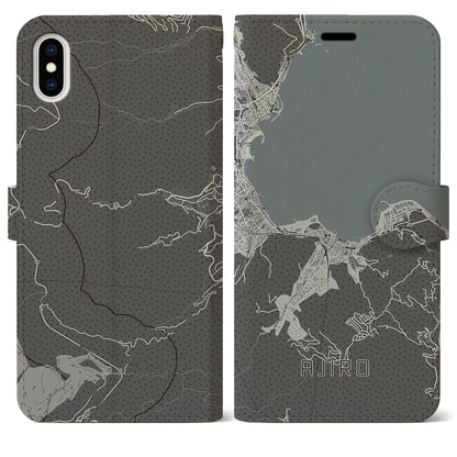 【網代（静岡県）】地図柄iPhoneケース（手帳タイプ）モノトーン・iPhone XS Max 用