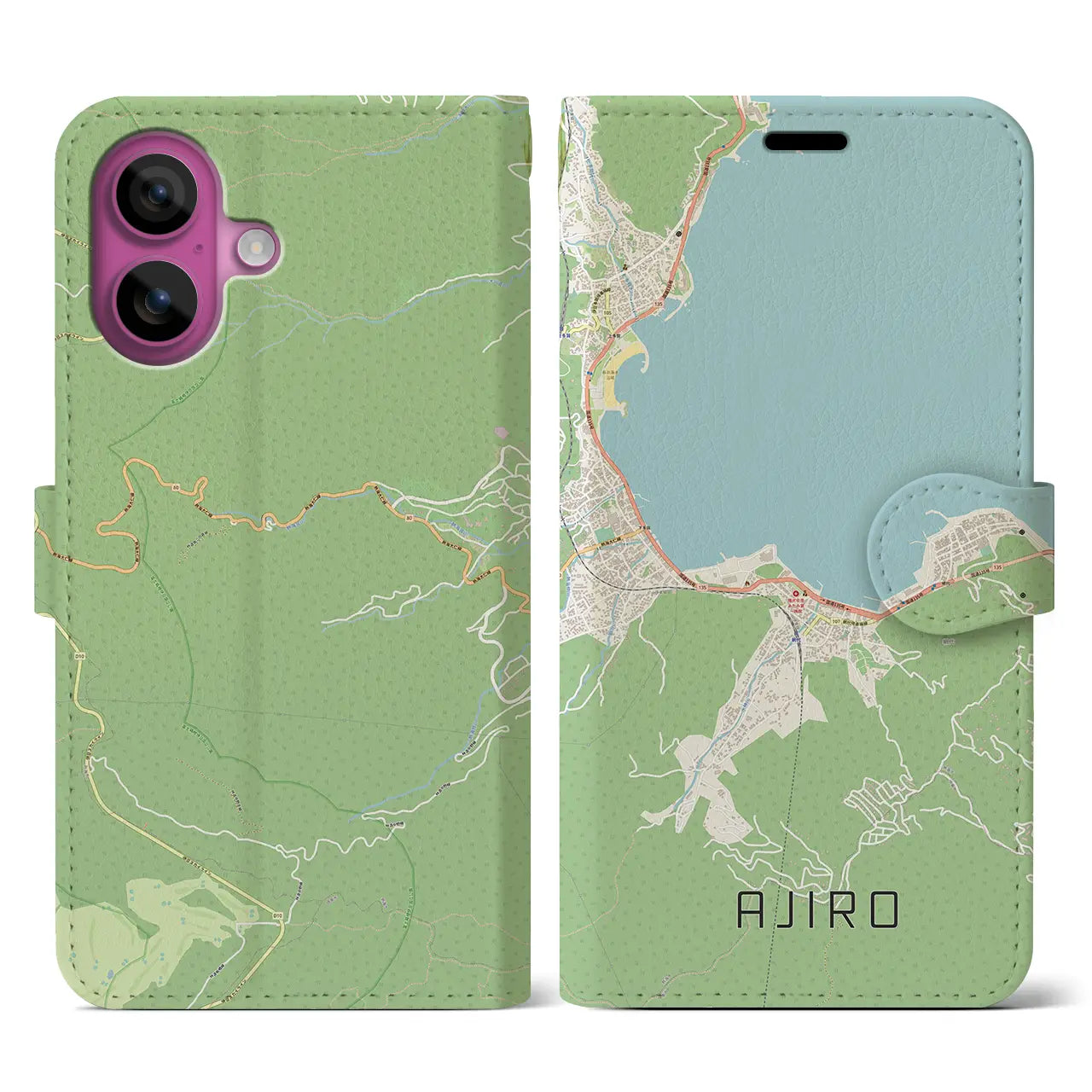 【網代（静岡県）】地図柄iPhoneケース（手帳タイプ）ナチュラル・iPhone 16 Pro 用