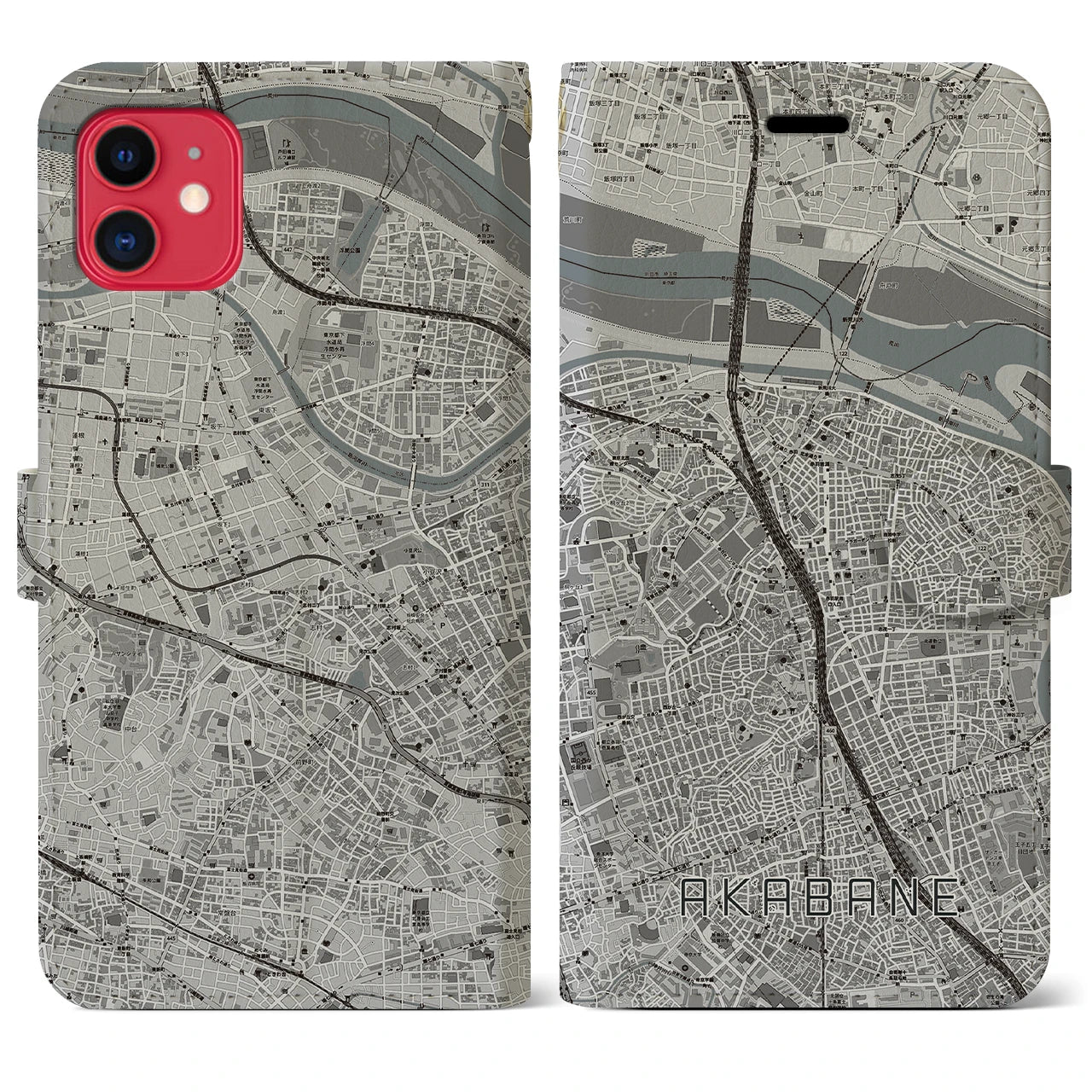 【赤羽】地図柄iPhoneケース（手帳両面タイプ・モノトーン）iPhone 11 用
