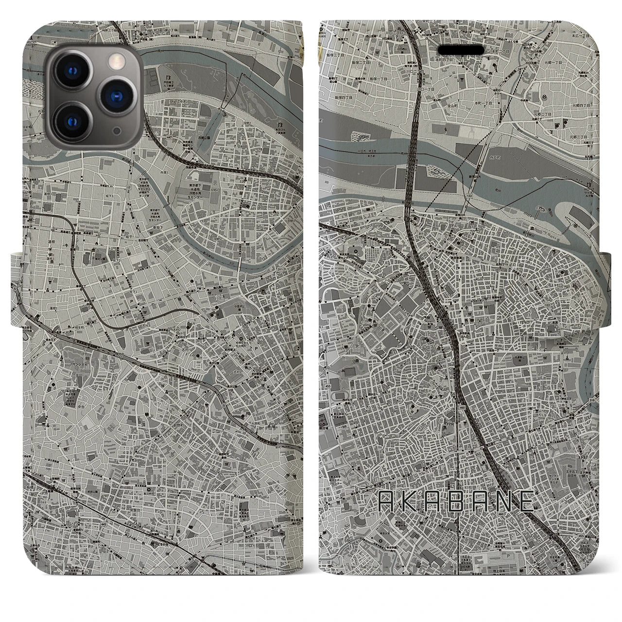 【赤羽】地図柄iPhoneケース（手帳両面タイプ・モノトーン）iPhone 11 Pro Max 用