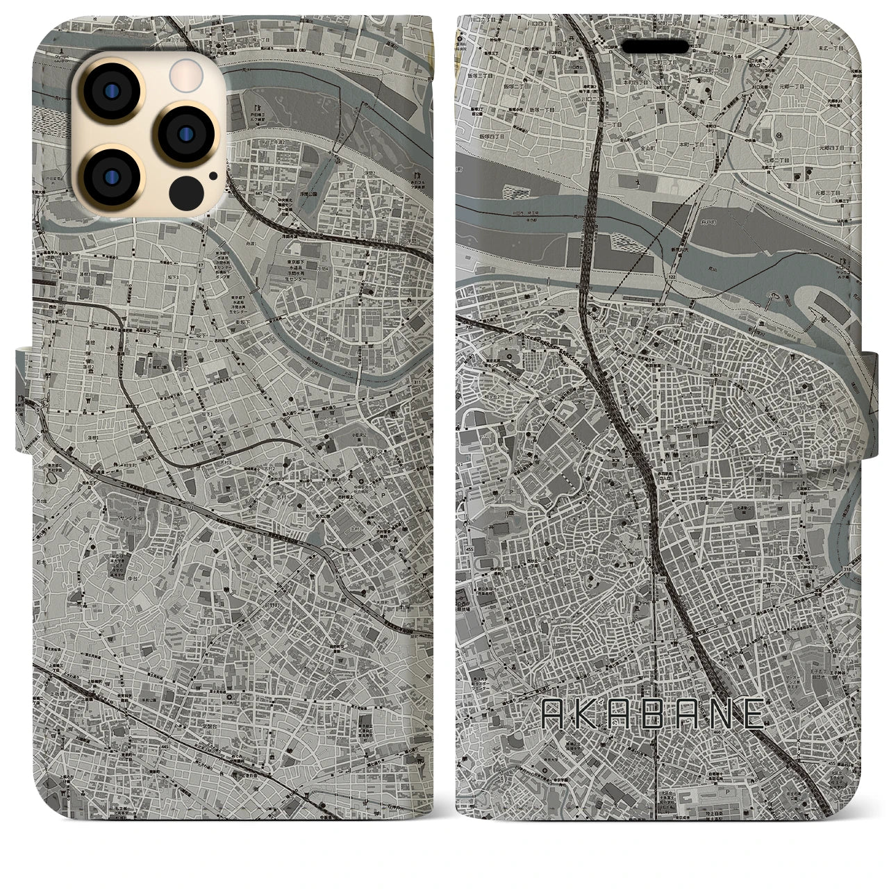 【赤羽】地図柄iPhoneケース（手帳両面タイプ・モノトーン）iPhone 12 Pro Max 用