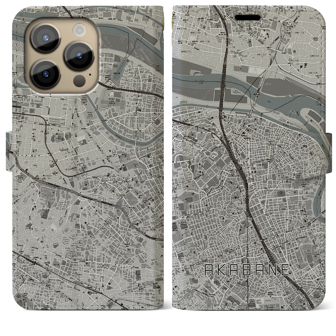 【赤羽】地図柄iPhoneケース（手帳両面タイプ・モノトーン）iPhone 14 Pro Max 用