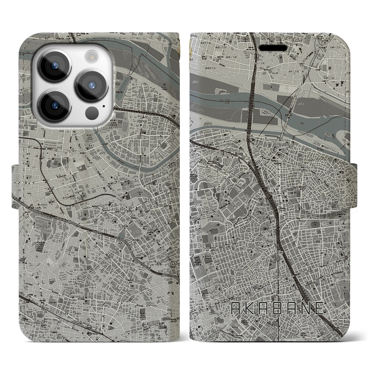【赤羽】地図柄iPhoneケース（手帳両面タイプ・モノトーン）iPhone 14 Pro 用