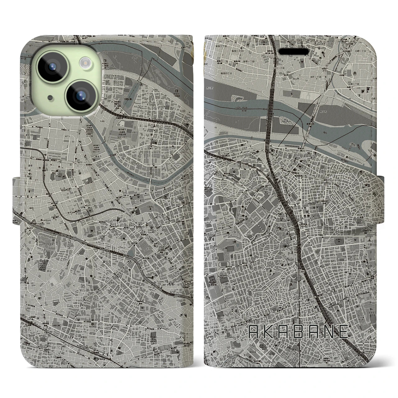 【赤羽】地図柄iPhoneケース（手帳両面タイプ・モノトーン）iPhone 15 用