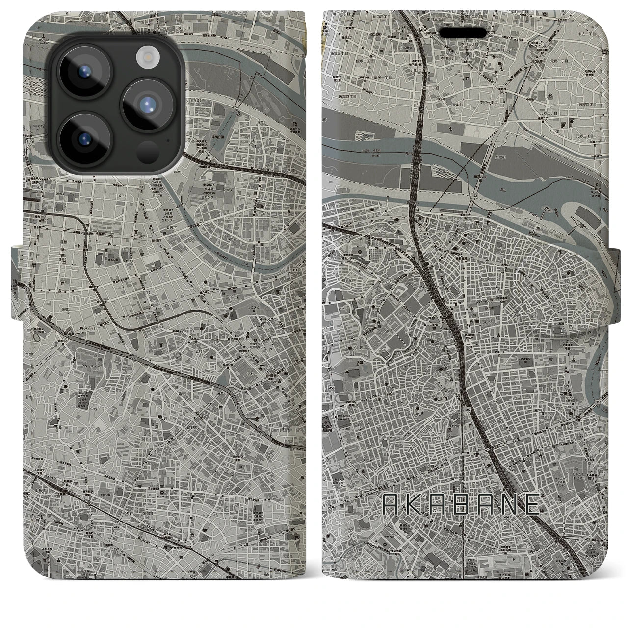 【赤羽】地図柄iPhoneケース（手帳両面タイプ・モノトーン）iPhone 15 Pro Max 用