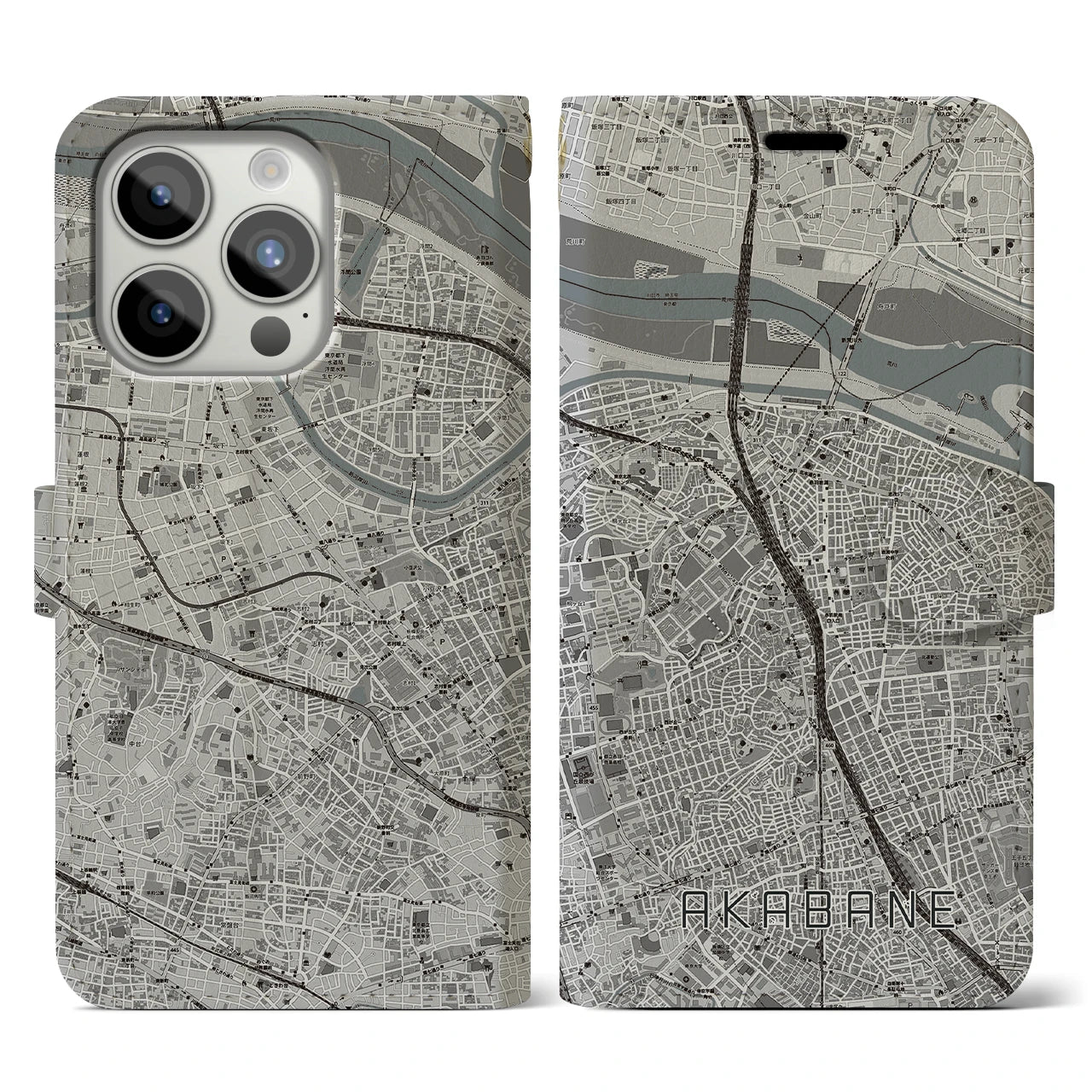 【赤羽】地図柄iPhoneケース（手帳両面タイプ・モノトーン）iPhone 15 Pro 用