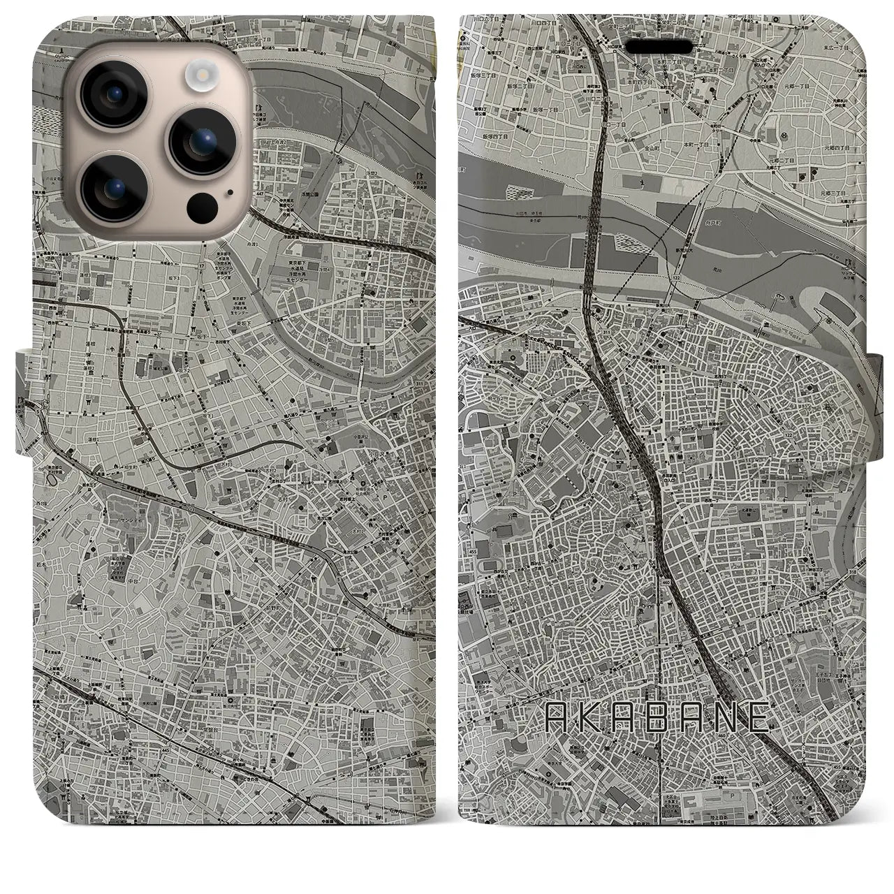 【赤羽（東京都）】地図柄iPhoneケース（手帳タイプ）モノトーン・iPhone 16 Plus 用