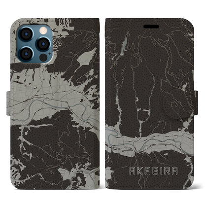 【赤平（北海道）】地図柄iPhoneケース（手帳タイプ）モノトーン・iPhone 12 / 12 Pro 用