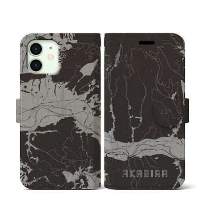 【赤平（北海道）】地図柄iPhoneケース（手帳タイプ）モノトーン・iPhone 12 mini 用