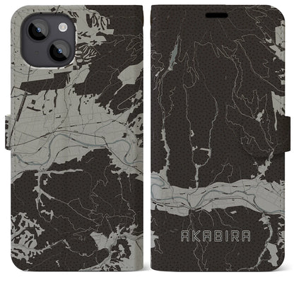 【赤平（北海道）】地図柄iPhoneケース（手帳タイプ）モノトーン・iPhone 14 Plus 用