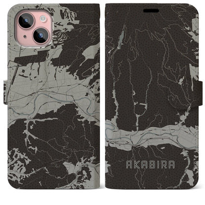 【赤平（北海道）】地図柄iPhoneケース（手帳タイプ）モノトーン・iPhone 15 Plus 用