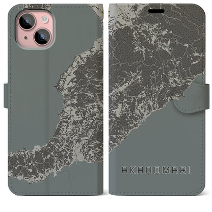 【赤泊（新潟県）】地図柄iPhoneケース（手帳タイプ）モノトーン・iPhone 15 Plus 用