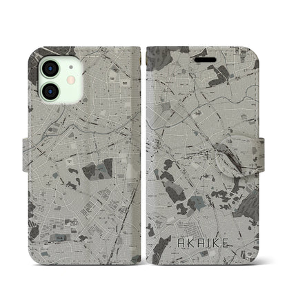 【赤池（愛知県）】地図柄iPhoneケース（手帳タイプ）モノトーン・iPhone 12 mini 用